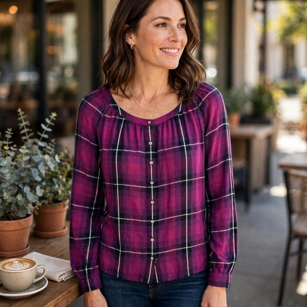 J.Jill Petite Plaid Button Down Top Purple Black White Rayon Blouse Small